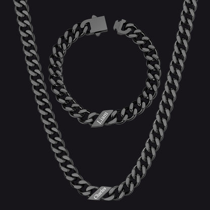Engraved Names Cuban Chain & Bracelet Set Gift for Men Husband