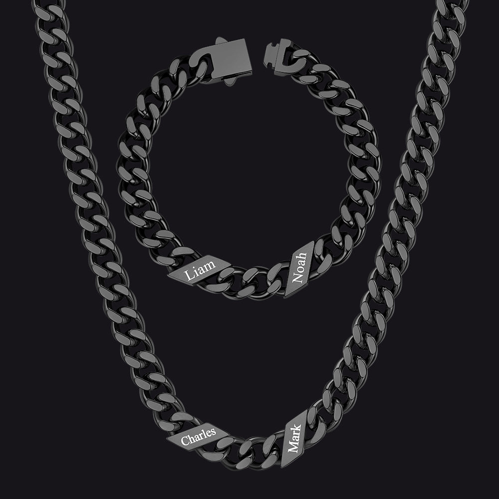 Engraved Names Cuban Chain & Bracelet Set Gift for Men Husband