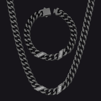 Engraved Names Cuban Chain & Bracelet Set Gift for Men Husband