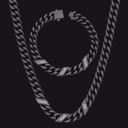Engraved Names Cuban Chain & Bracelet Set Gift for Men Husband