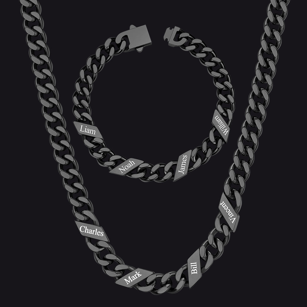 Engraved Names Cuban Chain & Bracelet Set Gift for Men Husband