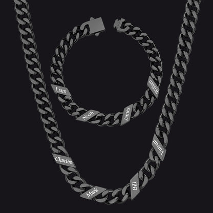 Engraved Names Cuban Chain & Bracelet Set Gift for Men Husband