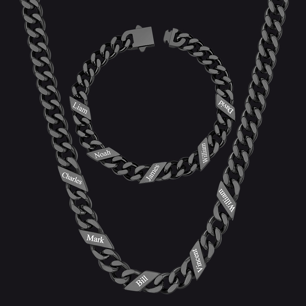 Engraved Names Cuban Chain & Bracelet Set Gift for Men Husband