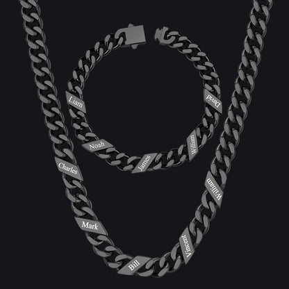 Engraved Names Cuban Chain & Bracelet Set Gift for Men Husband