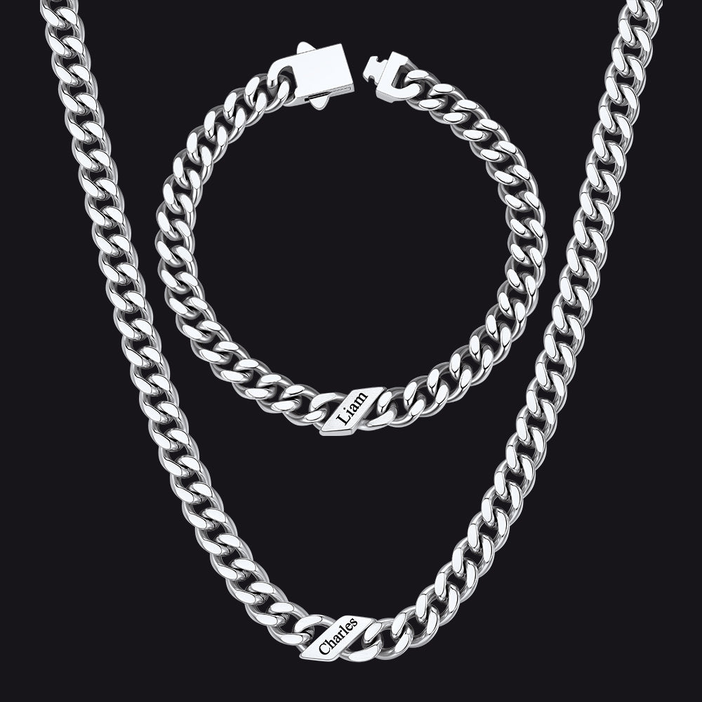 Engraved Names Cuban Chain & Bracelet Set Gift for Men Husband