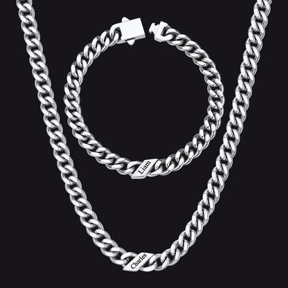 Engraved Names Cuban Chain & Bracelet Set Gift for Men Husband