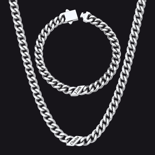 Engraved Names Cuban Chain & Bracelet Set Gift for Men Husbandimg
