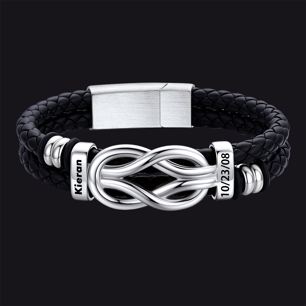 Steel / 2 Names / 23 CM Engraved Names Infinity Love Knot Leather Bracelet for Men Couple