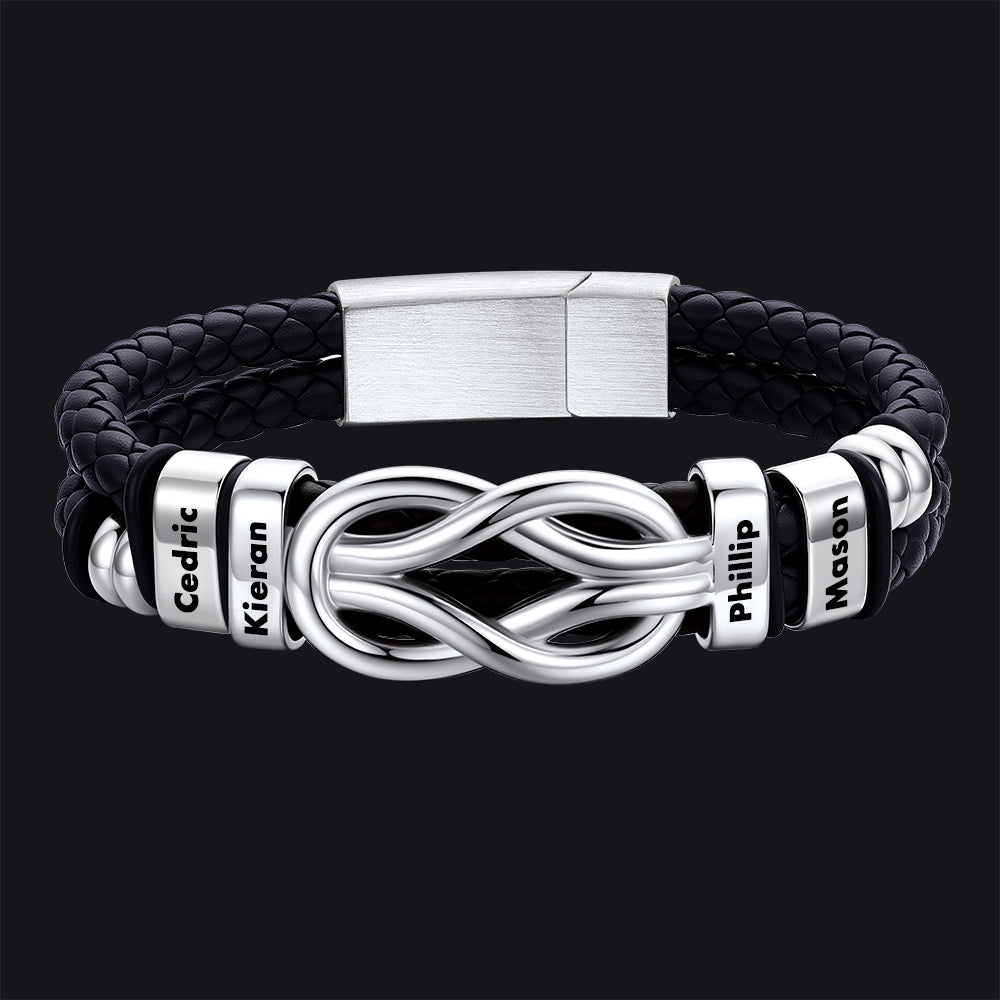 Steel / 4 Names / 23 CM Engraved Names Infinity Love Knot Leather Bracelet for Men Couple