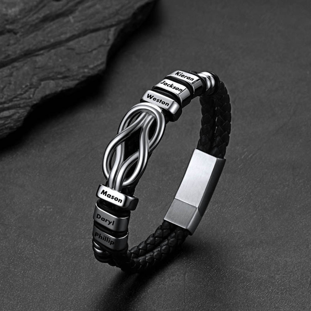 Silver Custom Engraved Names Infinity Love Knot Leather Bracelet for Men Couple