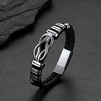 Silver Custom Engraved Names Infinity Love Knot Leather Bracelet for Men Couple