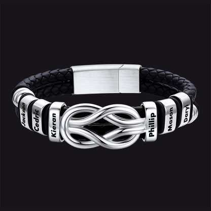Steel / 6 Names / 23 CM Engraved Names Infinity Love Knot Leather Bracelet for Men Couple