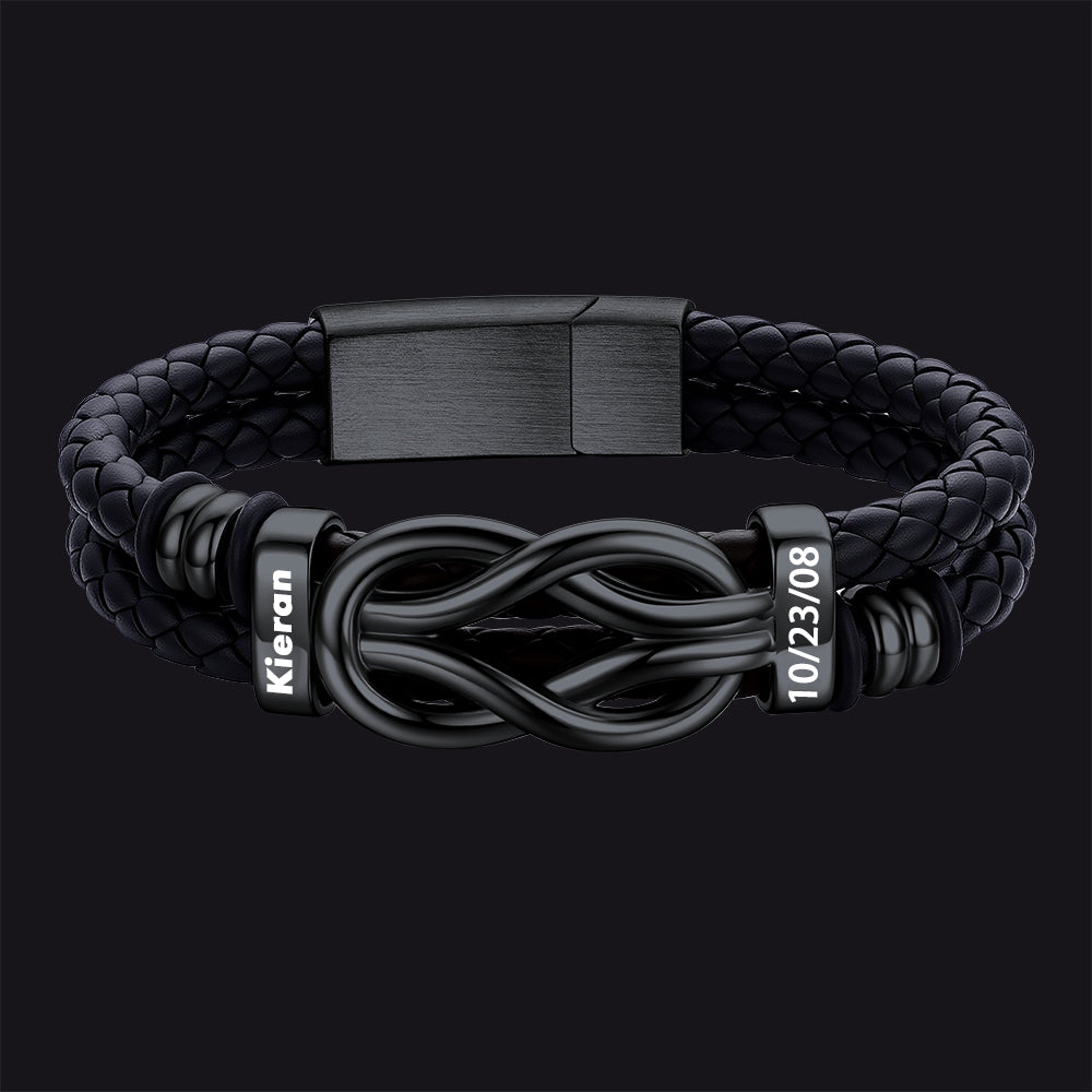 Black / 2 Names / 23 CM Engraved Names Infinity Love Knot Leather Bracelet for Men Couple