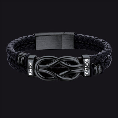 Black / 2 Names / 23 CM Engraved Names Infinity Love Knot Leather Bracelet for Men Couple