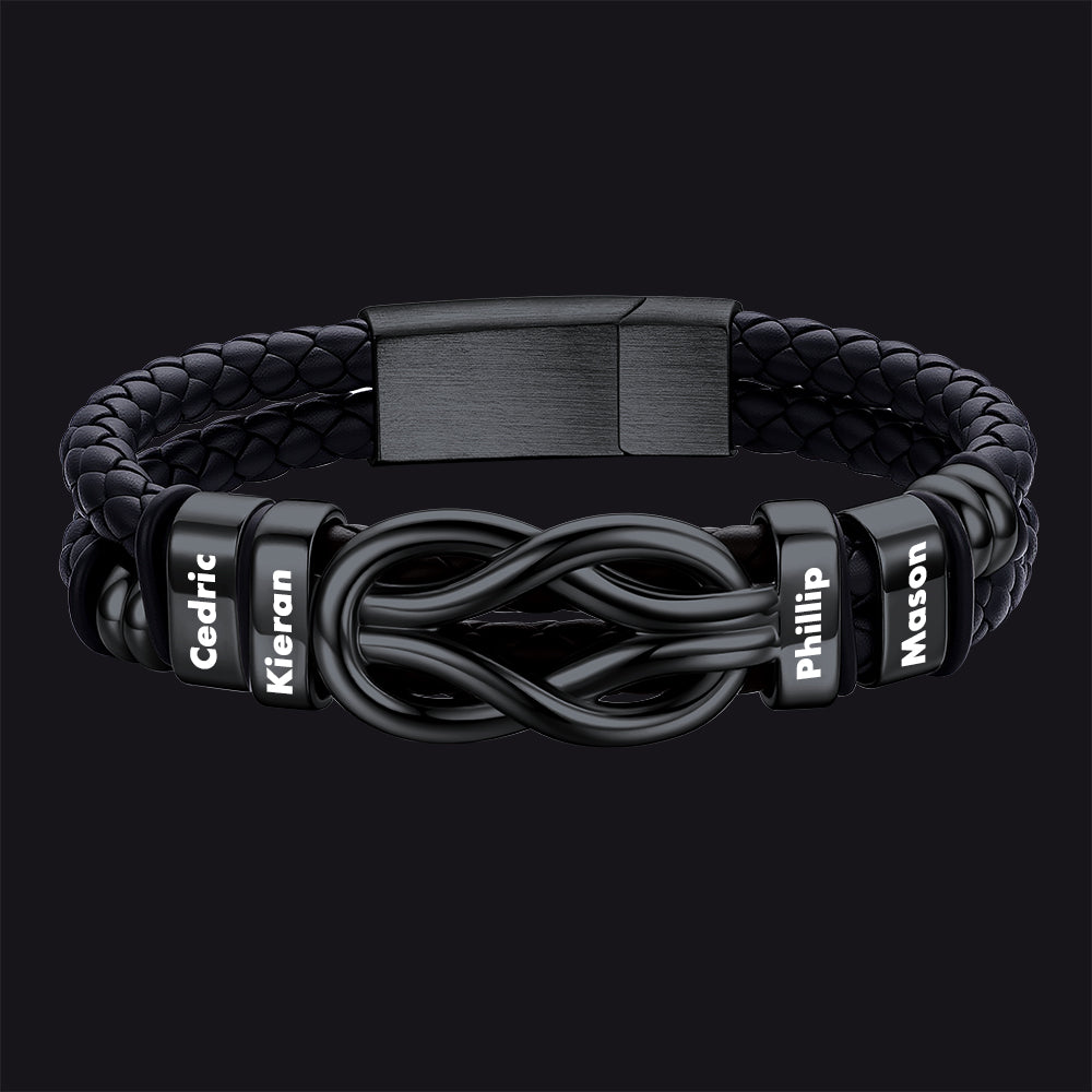 Black / 4 Names / 23 CM Engraved Names Infinity Love Knot Leather Bracelet for Men Couple