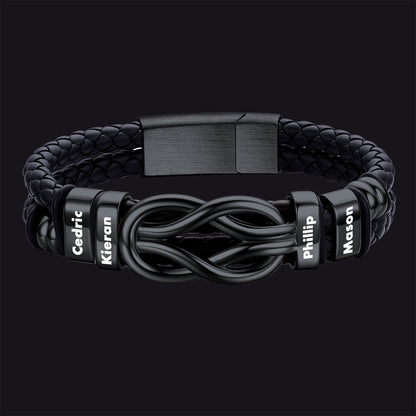 Black / 4 Names / 23 CM Engraved Names Infinity Love Knot Leather Bracelet for Men Couple