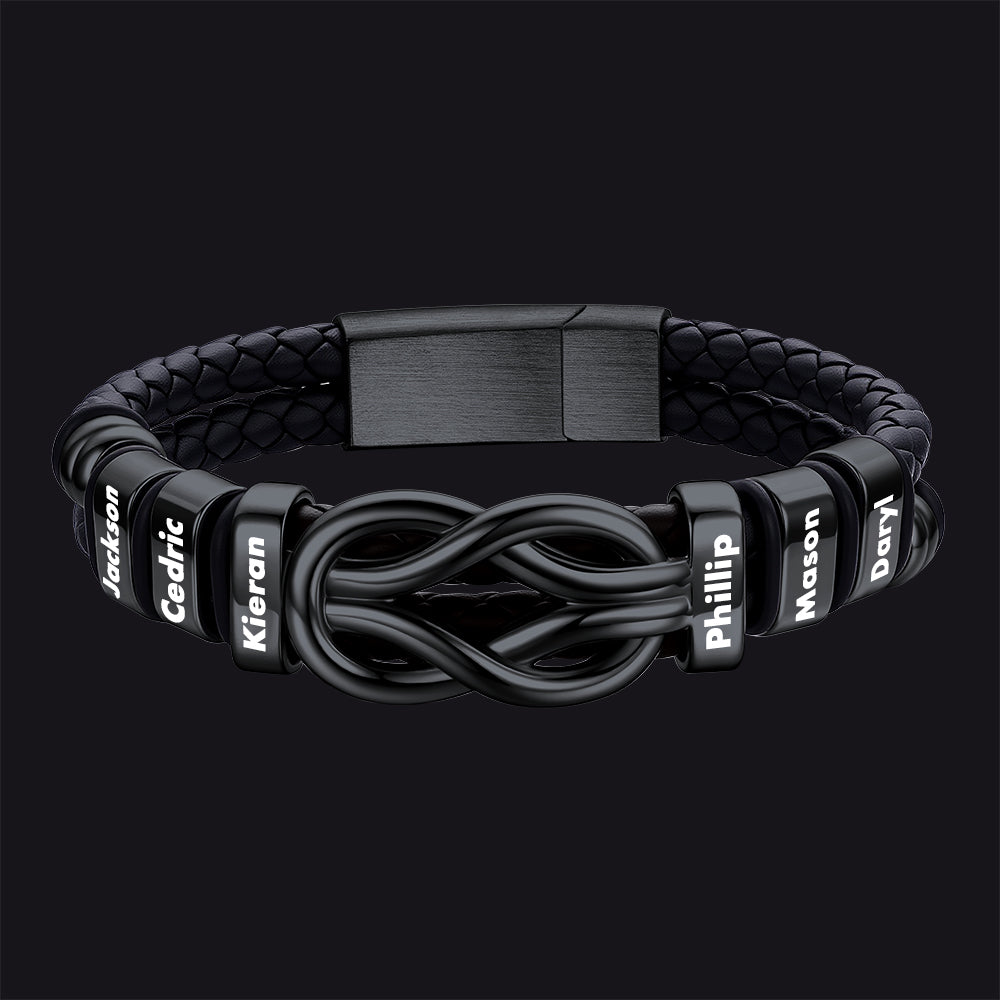 Black / 6 Names / 23 CM Engraved Names Infinity Love Knot Leather Bracelet for Men Couple