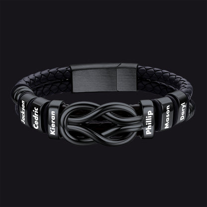 Black / 6 Names / 23 CM Engraved Names Infinity Love Knot Leather Bracelet for Men Couple