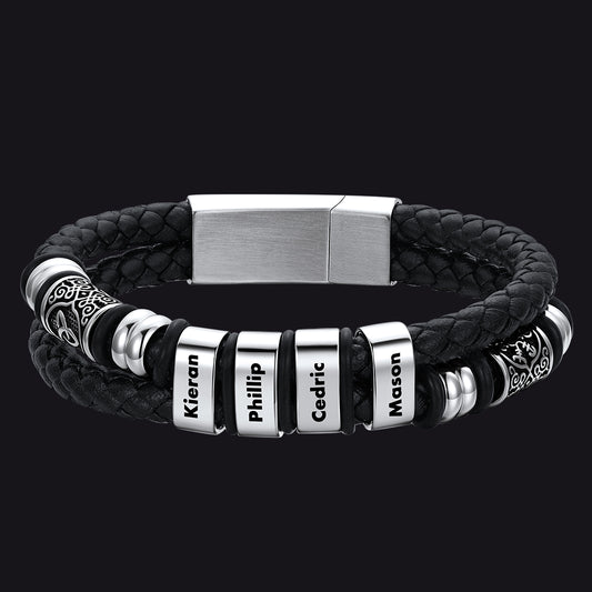 Steel / 4 Names / 25 CM Engraved Names Viking Leather Braided Wristband Bracelet for Menimg