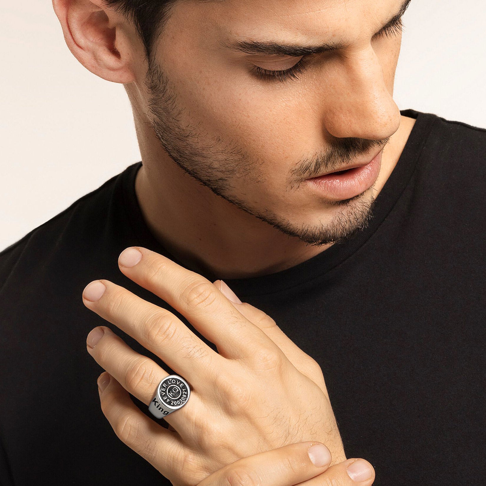 Gothic Engraving Initial Signet Ring for Men Dad