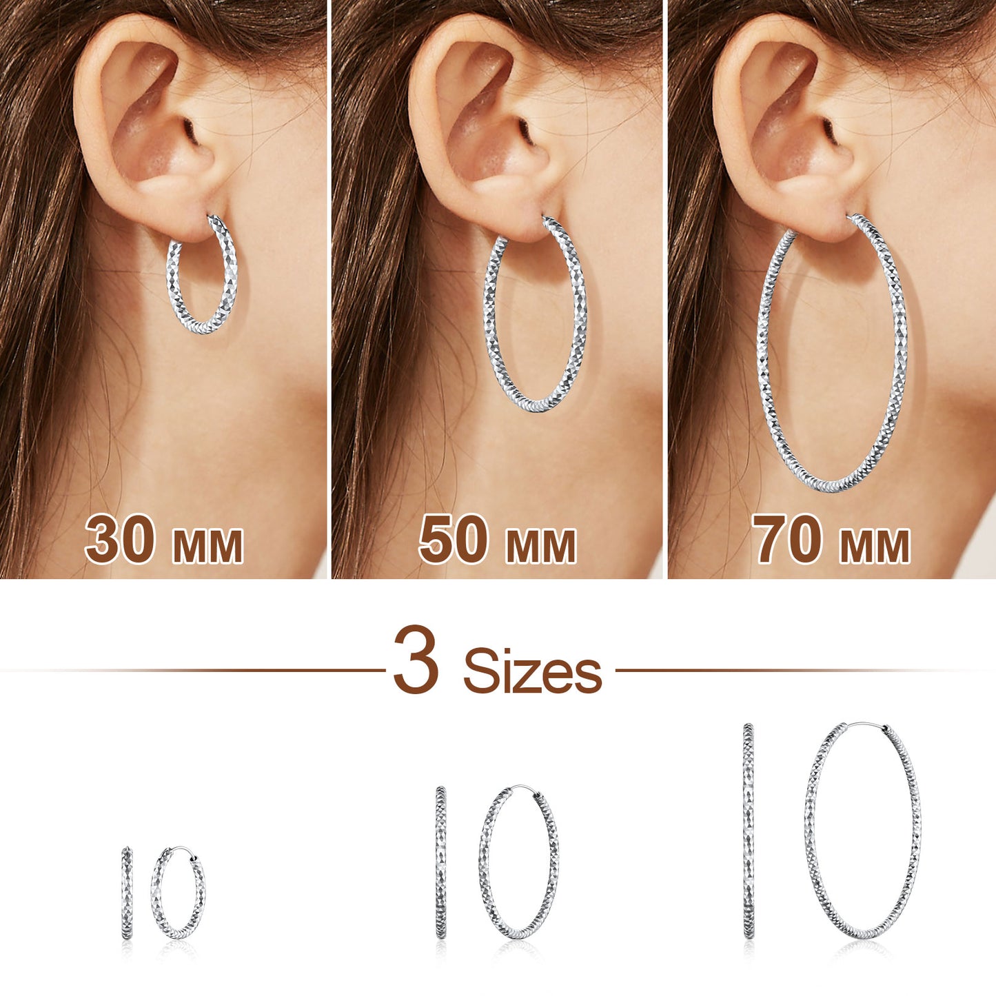 925 Sterling Silver 30/50/70mm Simple Hoop Earrings 3 Sizes for Women