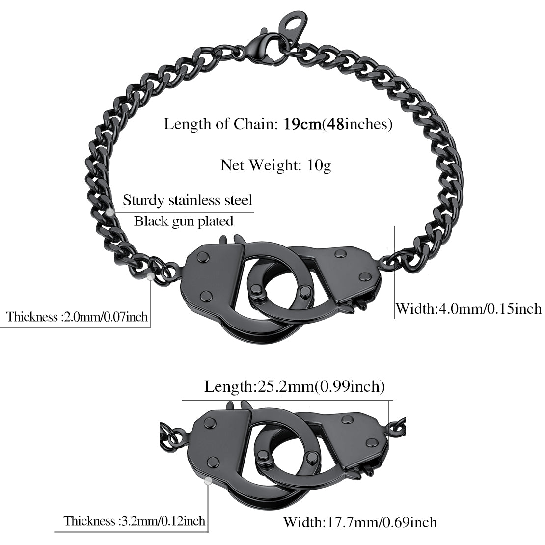 Black gun-plated handcuff bracelet with measurements on a white background
