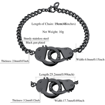 Black gun-plated handcuff bracelet with measurements on a white background