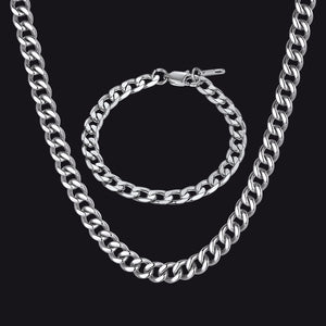 Silver Sturdy Cuban Link Necklace and Bracelet Set for Men in 9mm & 8mm
