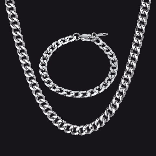 Silver Sturdy Cuban Link Necklace and Bracelet Set for Men in 9mm & 8mmimg