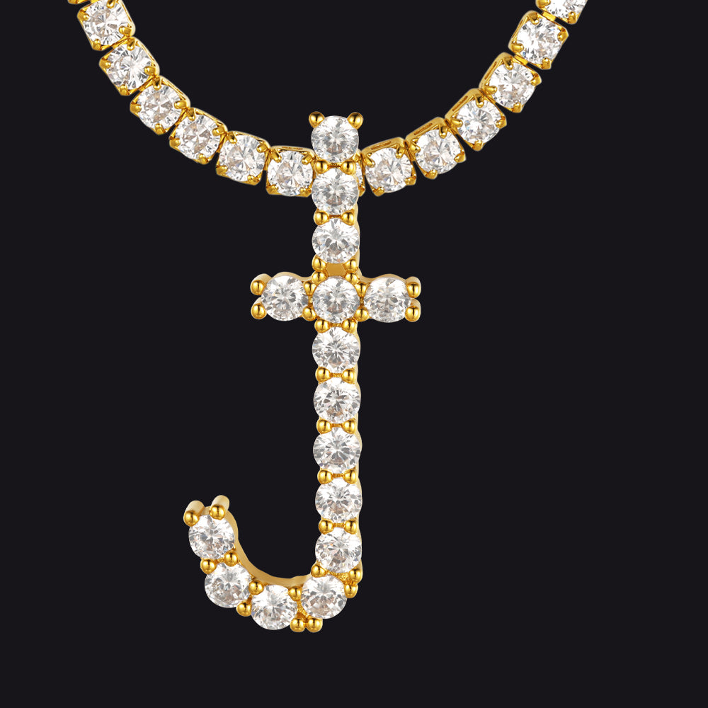 J tennis-style gold necklace with bold J letter charm
