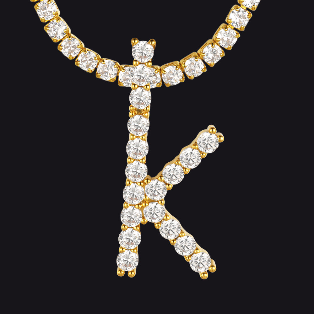 K gold letter K necklace with full CZ pavé finish