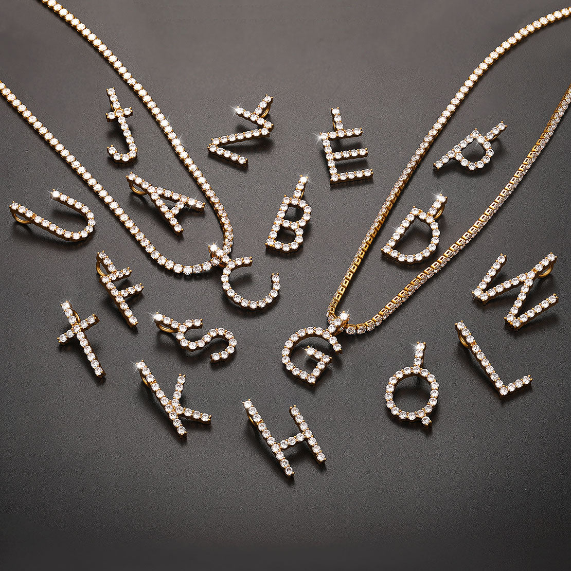 CZ Initial A-Z Tennis Letter Pendant Necklace for Men Women