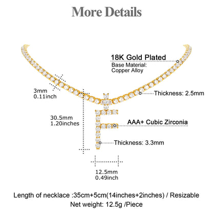 Size reference for gold A–Z initial pendant necklace and chain length