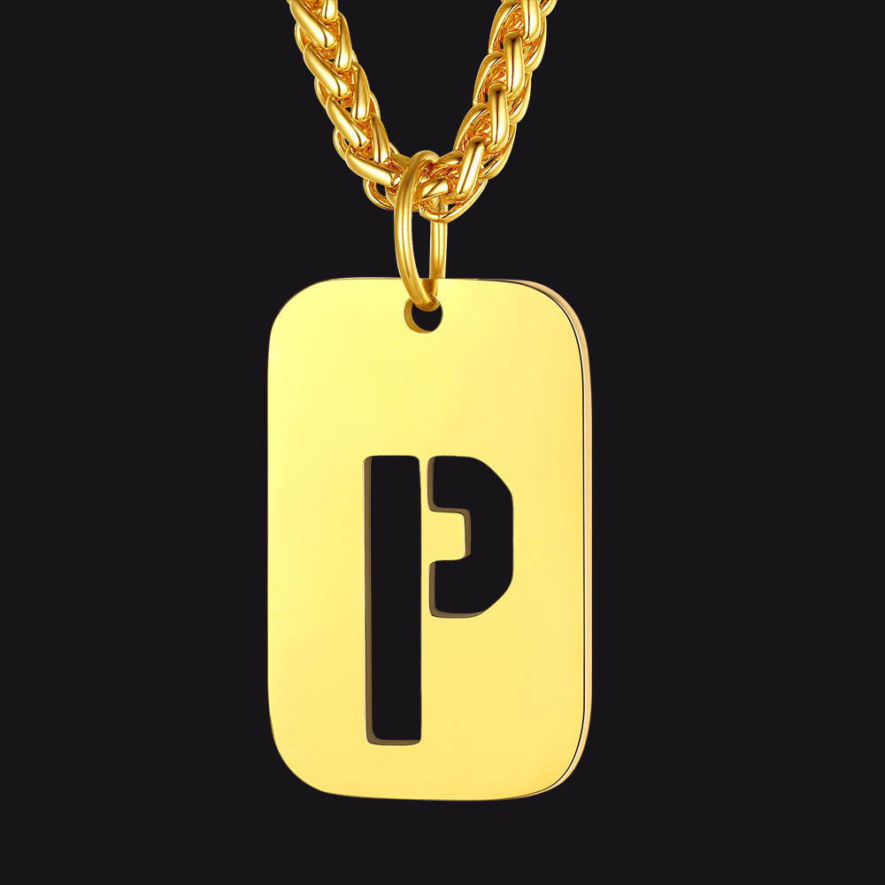 Gold Personalized Initial P Dog Tag Pendant Necklace for Men Women, Stainless Steel Custom Jewelry