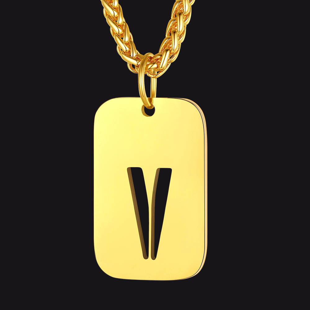 Gold 'V' Initial Dog Tag Pendant Necklace for Men Women. Stainless steel jewelry.