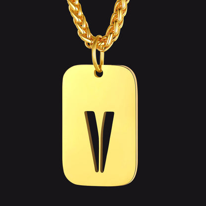 Gold 'V' Initial Dog Tag Pendant Necklace for Men Women. Stainless steel jewelry.