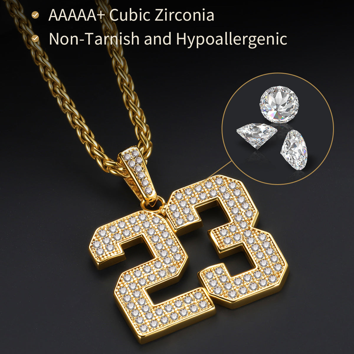 Gold necklace with number 23 pendant featuring AAAAA+ cubic zirconia on a dark background.
