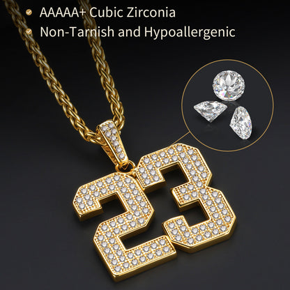 Gold necklace with number 23 pendant featuring AAAAA+ cubic zirconia on a dark background.