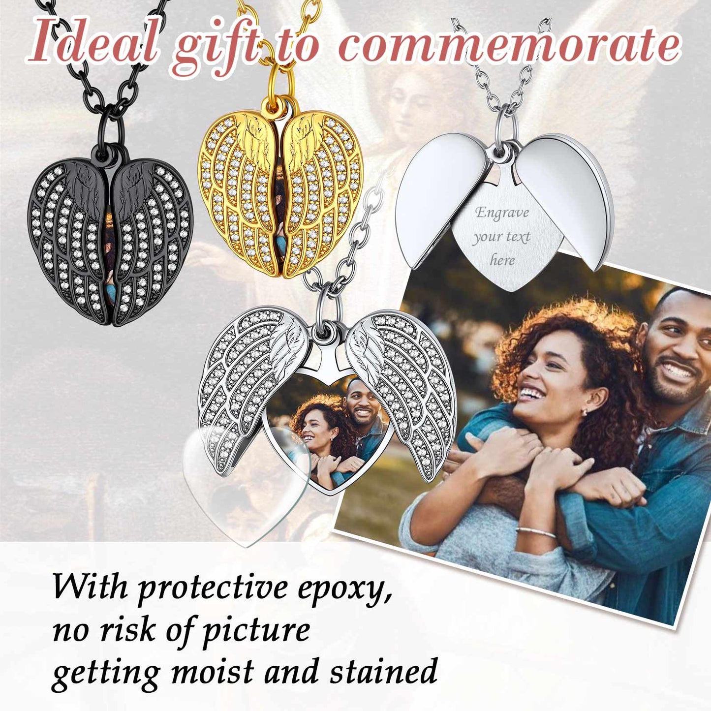 Personalised Photo Angel Wings Locket Necklace with Cubic Zirconia for Women