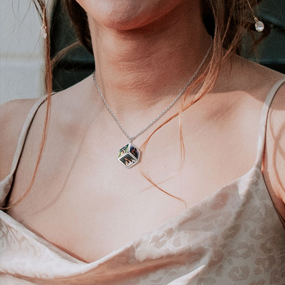 Custom rotating photo cube memorial necklace