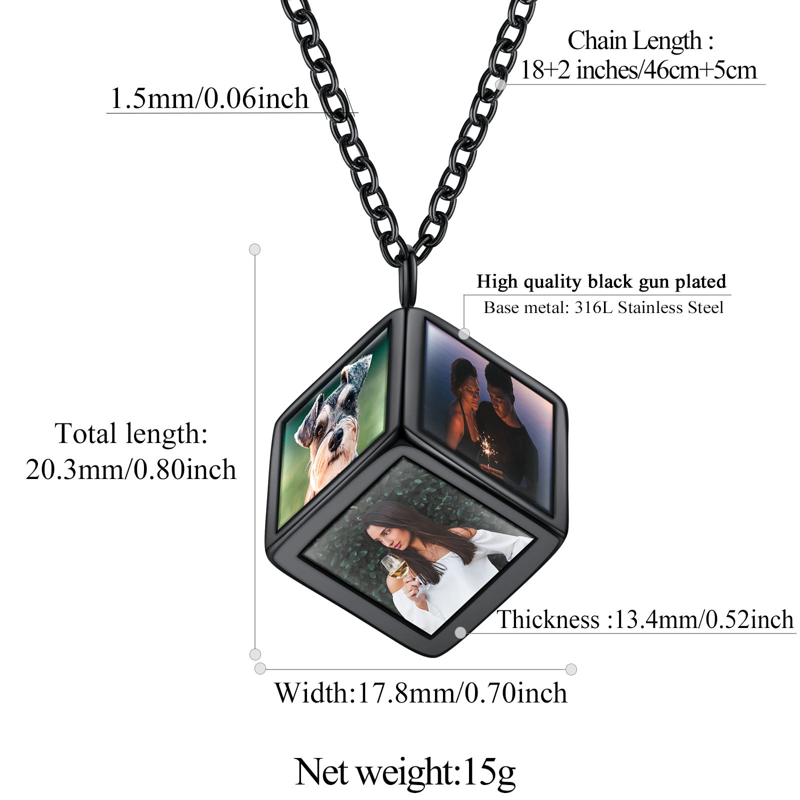 Black hexagonal photo cube necklace with chain, showing measurements and material details on a white background.