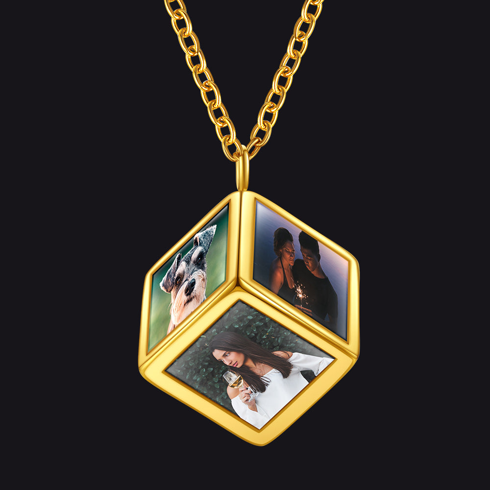 Hexagonal gold pendant with three embedded photos on a black background