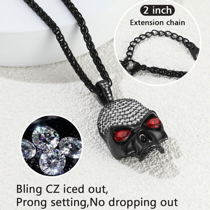 Black skull pendant necklace with clear stones on a white background