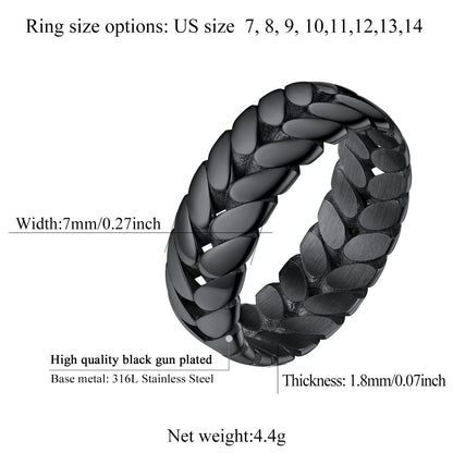 Black braided ring with size options and specifications on a white background