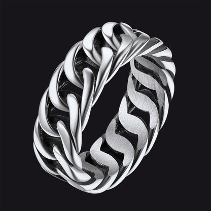 7mm unisex Cuban chain link band ring for men, stainless steel, polished silver finish