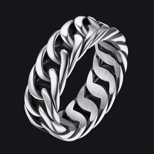 7mm unisex Cuban chain link band ring for men, stainless steel, polished silver finishimg
