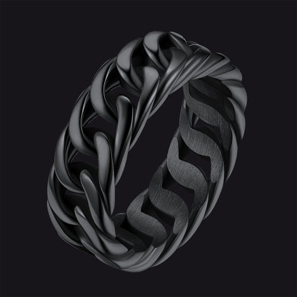 7mm unisex Cuban chain link band ring for men, stainless steel, polished silver finish