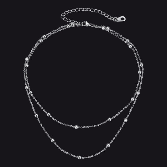 Silver Cable Chain Bobble Layered Necklace with Ball Beadsimg