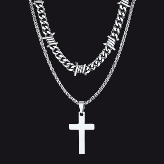 FaithHeart Barbed Wire Cuban Chain Necklace Cross Necklace Set
