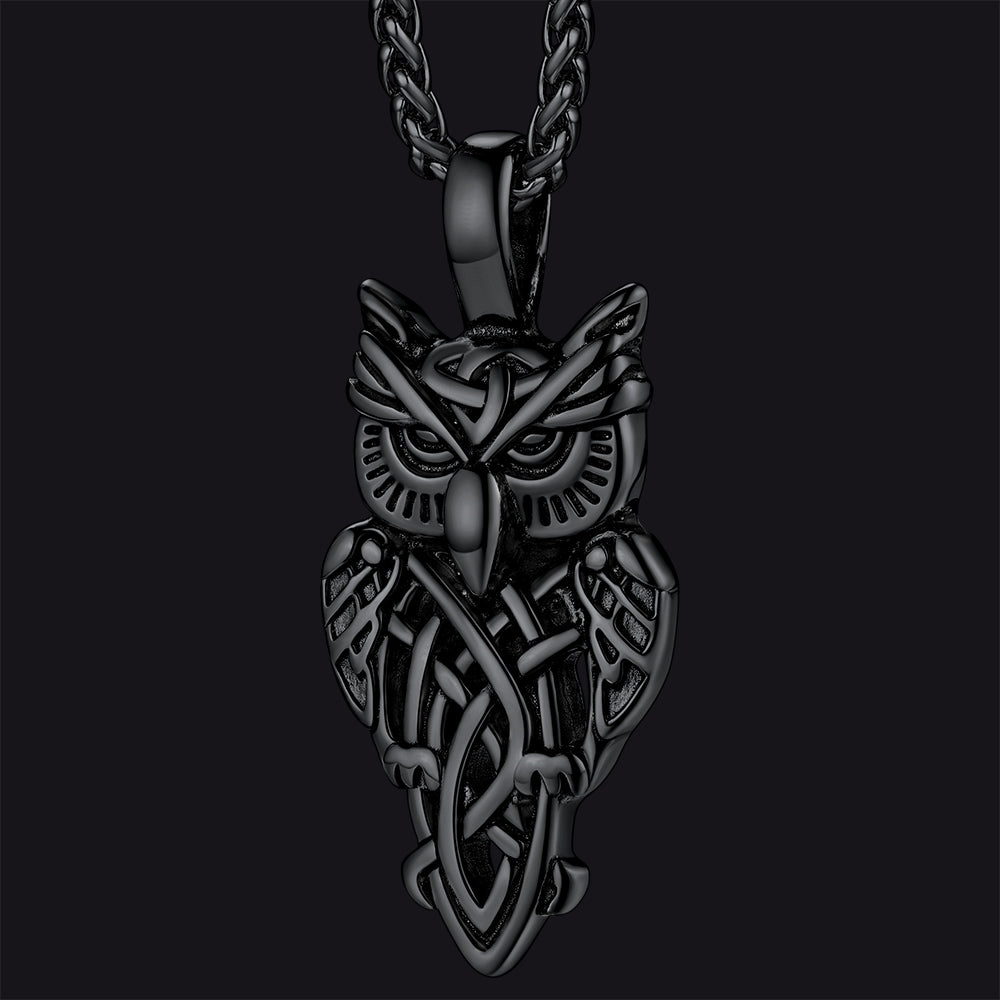 FaithHeart Celtic Knot Owl Pendant Necklace Black